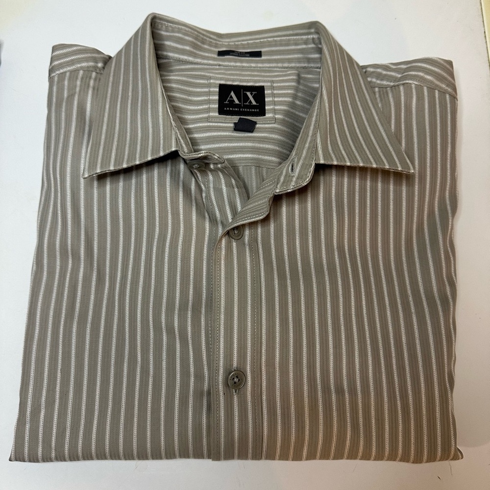 Armani Exchange Mens XL Button Down Shirt Taupe/Tan Slim Fit Stripes 100% Cotton